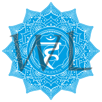 Čakra symbol samolepa tvarovaná 13 cm 5. čakra světle modrá